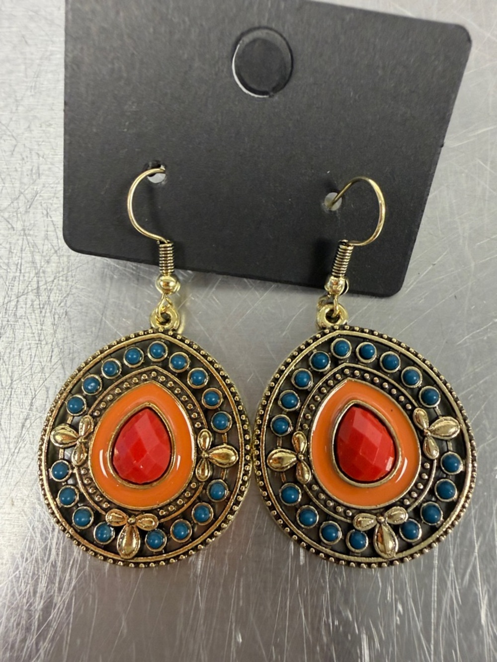 Bohemian Teardrop Dangle Earrings in Orange and Blue - Picture 2 of 2